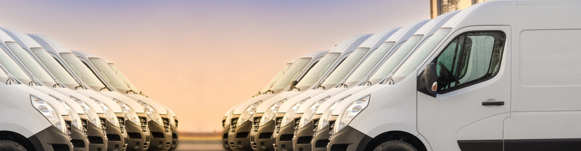 commercial delivery vans parked in two rows